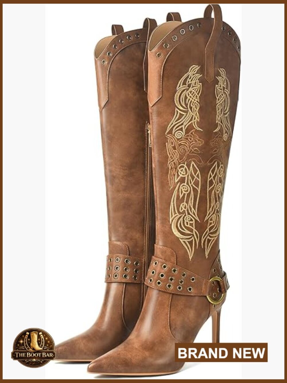 Knee High Cowboy Boots Stiletto Heel Pointed Toe Side Zipper